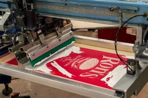 Screen printing press applying red ink to a shirt